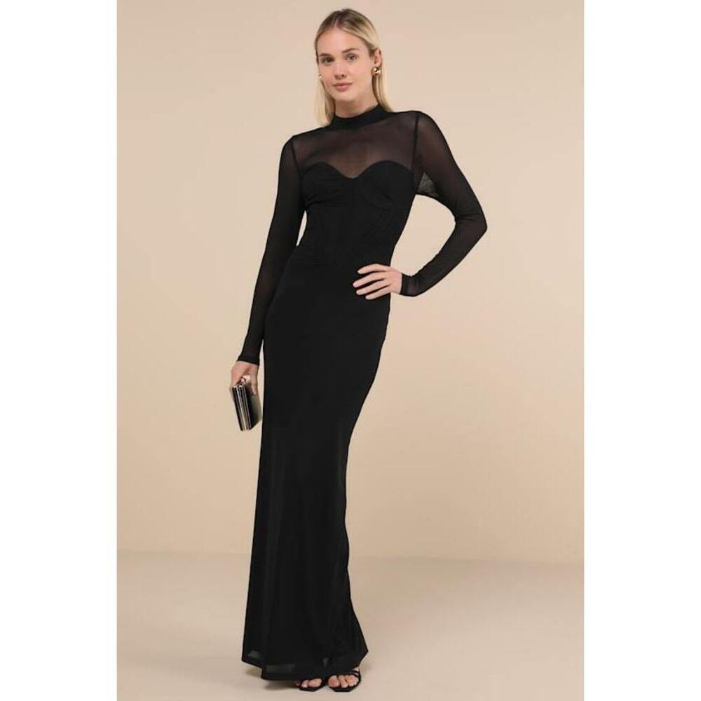 Lulus Sensational Appeal Black Mesh Cutout Long Sleeve Maxi Dress - Size L